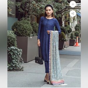 Ayla Noor Blue Silk Suit with Organza Dupatta - Size Small